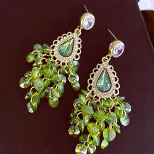 Boucles d'oreilles en cristal de roche verte accessoires de mariage bijoux en pierres précieuses pour soirée de fête250T