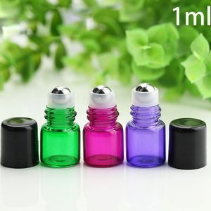Groen/Rose Rood/Paars/Bruin 1ml Mini Glazen Roll-On Flessen met Metalen Bal En Zwarte Dop