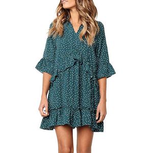 Groene Ruffle Wave Point Mini Jurk Flare Half Mouw Losse Rechte Vintage Vrouwen Zomerjurken V-hals Geel Vestidos Femme 210507