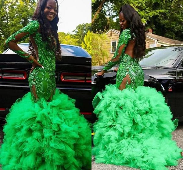 Falda con volantes verdes, vestidos de noche para desfile con manga larga, apliques de lentejuelas, vestido de fiesta de sirena para niña negra africana