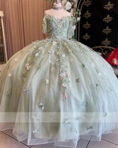 Vert Sauge Quinceanera 2024 Hors Épaule Robe De Bal Chérie Floral Applique Cristal Perles Doux 16 Robes