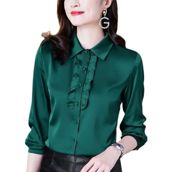 Blusa de satén verde para mujer Camisas de manga larga de diseñador Camisa con botones formales con solapa con volantes para mujer de oficina 2023 Blusas de seda sólidas de pasarela versátiles de otoño e invierno