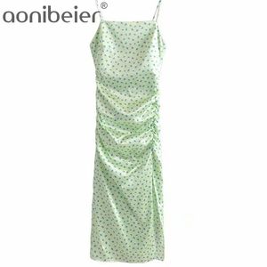 Groen Satijn Maxi Party Jurk Zomer Mode Ruched Draped Detail High Split Spaghetti Strap Dames Casual Potlood 210604