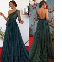 Green Sequined A Line Evening Dresses One Shoulder Long Sleeve Bow Tie Sash Backless Prom Gown Floor Length Tulle Special Occasion Dress