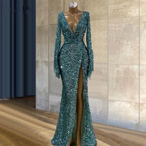 Groene lovertjes Sexy Deep V-hals Mermaid Prom Dresses Dames Formele Party Night Side Split Evening Jurk 2021 Elegant Vestido de Gala