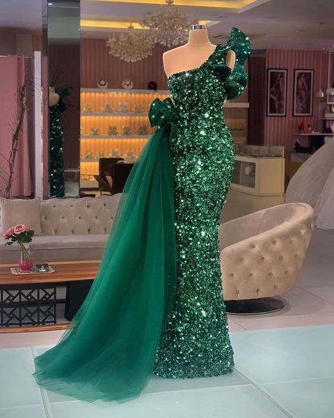 Vert brillant sirène robes de soirée une épaule paillettes étage longueur Tulle robe de bal Pageant Robe sans manches sur mesure Robe de mariée