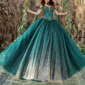 Groene Glanzende Baljurk Kralen Quinceanera Jurk Prinses Corset Jurken Kant Kralen Met Cape Vestidos De 15 Anos