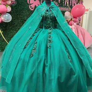 Vestido de baile verde brillante para quinceañeras, apliques de tul con flores y capa con volantes, fiesta Formal de cumpleaños de 15 a 16 años, 2024