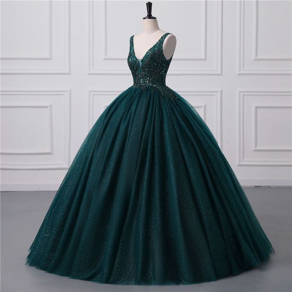 Vestidos de quinceañera de tul con lentejuelas oscuras y brillantes verdes, vestido de fiesta sexy con espalda descubierta y cuello en V, vestidos de fiesta de noche con corsé en la espalda BM S