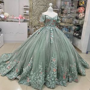 Vert brillant hors De l'épaule Quinceanera robes robe De bal 3D fleurs Appliques dentelle tulle doux 15 robes De XV Anos