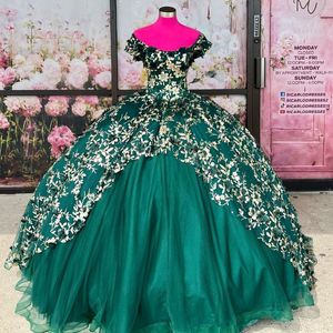 Vert brillant princesse Quinceanera robes princesse or applique 3D fleurs robe de bal robe d'anniversaire Tulle doux 16 robes robes de 15