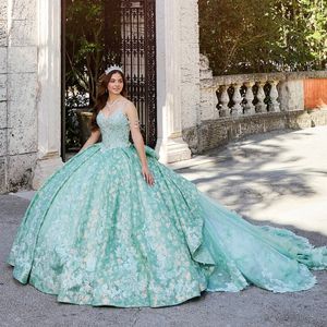 Robes De Quinceanera vertes brillantes, perles De luxe, avec des Appliques De fleurs, épaules dénudées, robes De bal pour filles, 15