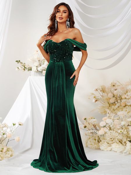 Vert brillant velours mère de la mariée robes sirène appliqué robe d'invité de mariage longue épaule décolleté en V longueur de plancher bling paillettes élégantes robes de soirée