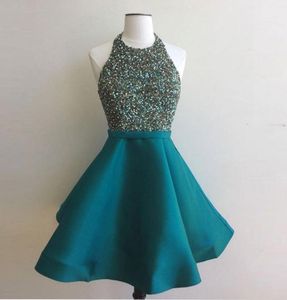 Groene korte prom jurken sexy halter nek pailletten kralen goedkoop zwart meisje homecoming jurk zoete middelbare school plus size tule mini p9208425