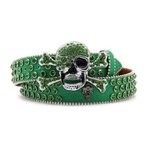 Ceinture en strass tête de squelette vert, faite à la main par des hommes, incrustée de style tendance personnalisé Hip Hop Punk