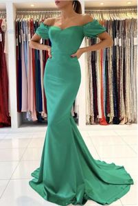 Green Soft Satin Mermaid Robes de soirée chérie longue au large des femmes épaules Party Prom Robes Zipper Robe de Sobree Vestidos de Fiesta