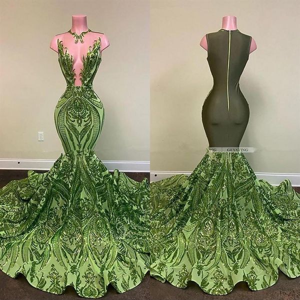 Verde brillante lentejuelas encaje sirena vestidos largos de graduación 2022 Sexy transparente sin mangas mujeres africanas negro chica noche Gala vestidos 251e