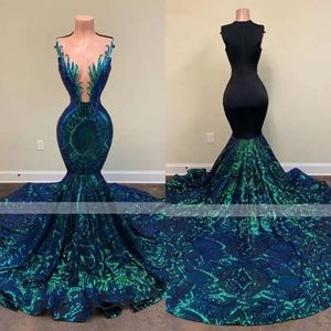 Groen Sparkly Pargin Long Mermaid Prom jurken Mouwloze Afrikaanse zwarte meisjes Mermaid Formele avondgala -jurken Custom