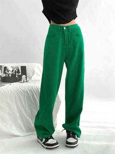 Vert Droite Twill Jeans Femmes Printemps Et Été Nouveau Style Simple Lâche Mince Large Jambe Neutre Denim Pantalon Femme Pantalon L220726