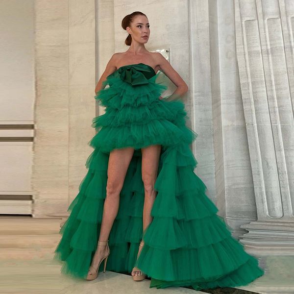 Vestidos De fiesta verdes sin tirantes, altos y bajos, volantes, Tiere, corto por delante, espalda larga, vestido De fiesta De cumpleaños, vestido De fiesta