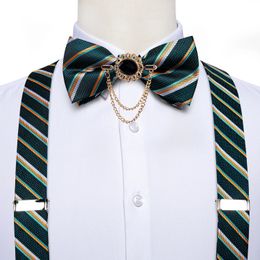 Tirantes de hombres a rayas verdes 6 clips aparatos ortopédicos de seda de lujo juego de corbata de inclinación de lazo ajustable accesorios de regalo masculino Dibangu 240418