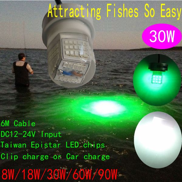 Submarino verde sumergible 12VDC 30W luces LED cebo de pesca nocturna señuelo Minnow pesca con Cable de 6M