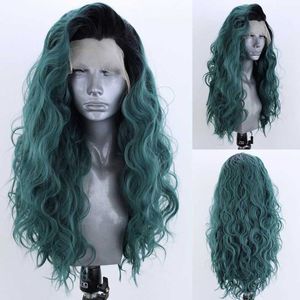 Groene Synthetische Lace Front Pruik Lange Natuurlijke Golf Pruiken voor Vrouwen Zijscheiding Hoge Temperatuur Kant Pruik Cosplay Pruiken 230524