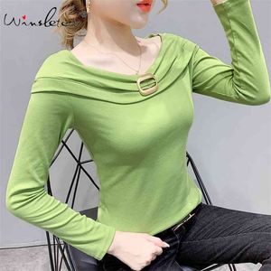 Groen T-shirt Lente Vrouwen Katoenen T-shirt Top Tee Solid Slash Hals Slanke Lange Mouw Multi Colors Casual Kleding 210421