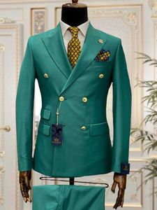 Green Tailor Made Double Breasted Slim Fit Men Suits Wedding Tuxedos Groom Business Party Prom Best Men Blazer Costume Homme X0909