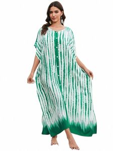 Groene Tie-Dye Causale Ronde Hals Butts 2024 Zomer Plus Size Vleermuismouwen Gewaad Bohemian Beachwear Moo Moo Dres Q1617 k1JS #