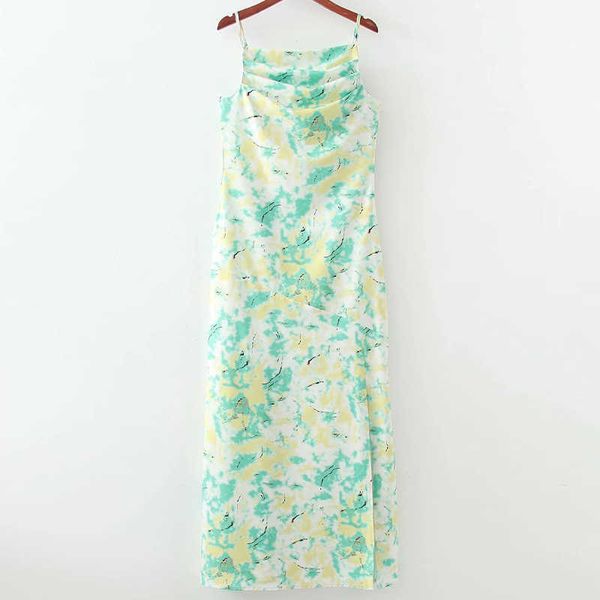 Cravate Green Tie Colory Imprimer Été Sans Split Split Slip Maxi Robe De Mode Ruchée Drapé Drapé Détails Longueur de la cheville Femmes Cami 210604