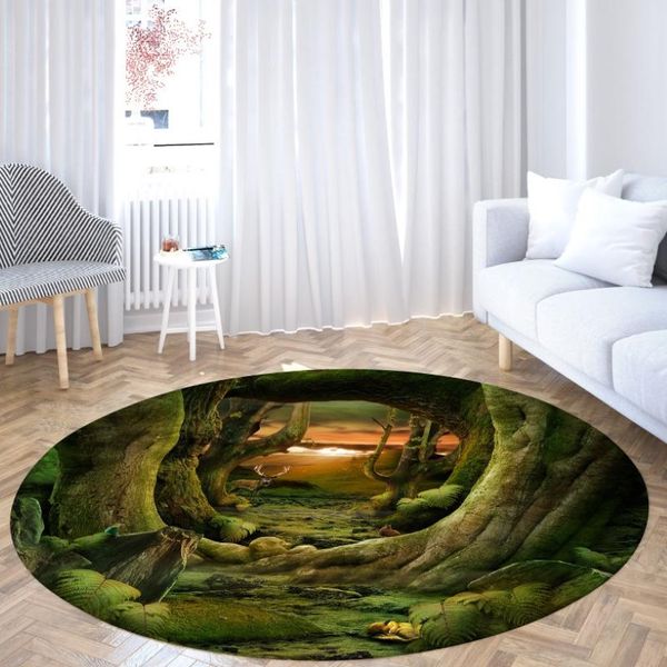 Agujero de árbol verde alfombras redondas 3D Patrón de área impresa Circular Mat de la sala Sala de estar Entrada de la sala del dormitorio Hogar Alfombras grandes 240L