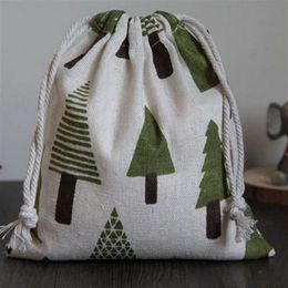 Bolsa con cordón de regalo de lino de árbol verde, 8x10cm, 9x12cm, 10x15cm, 13x17cm, bolsa de dulces para fiesta, joyería de maquillaje, bolsa de embalaje de yute 238n