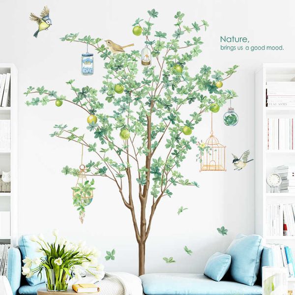 Pegatina de pared de árbol verde Vinilo Sala de estar S Decoración del hogar Póster Pájaros Primavera Calcomanía extraíble 210705