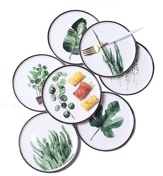 Platos de cena de porcelana con hojas tropicales verdes, 10 platos de fiesta de 8 pulgadas para desayuno, filete, postre, fruta, Musa, hoja de Cactus, 7 patrones