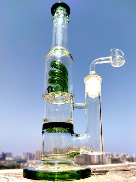 Tube vert Bong spirale hélice nid d'abeille Perc verre Bong Recycler Dab Rig fumer narguilé avec porte-glace 14mm Joint Banger verre eau Bongs