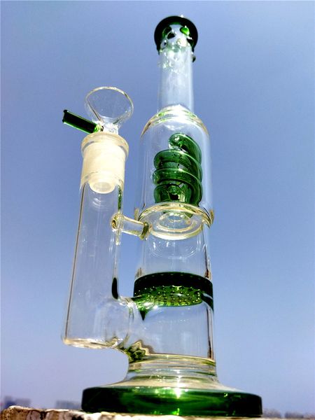 Tube vert Bong spirale hélice nid d'abeille Perc verre Bong recycleur Dab plate-forme fumer narguilé avec porte-glace 14mm bol commun verre eau Bongs