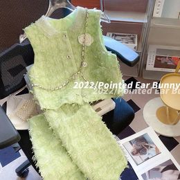 Green Tweed Vest Summer Cropped Top Slim Two Piece Sets Womens Overifie Temperament Pildisls Jirts Plaid Veste Shirts 240417