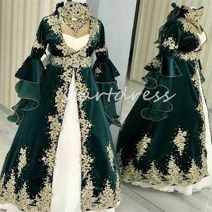 Groen Fluwelen Marokkaanse Kaftan Avondjurk Abaya's Turkse Muslimah Arabische Galajurk Dubai Formeel Goud Kant Kralen Verlovingsfeestjurken Robe De Mariage 2024