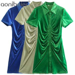 Mini vestido recto de terciopelo verde de verano de manga corta con detalles fruncidos y botones con cuello vuelto para mujer camisa informal 210604