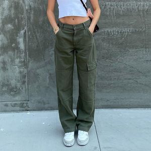 Jean Baggy vert Vintage avec poches pour femmes, pantalon Cargo ample à jambes larges, Streetwear décontracté, taille basse, pantalon droit en Denim