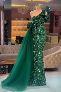 Vert Vintage dentelle une épaule manches robes de bal Robe de soirée Appliques sirène Robe de soirée princesse Robe de Gorgerous