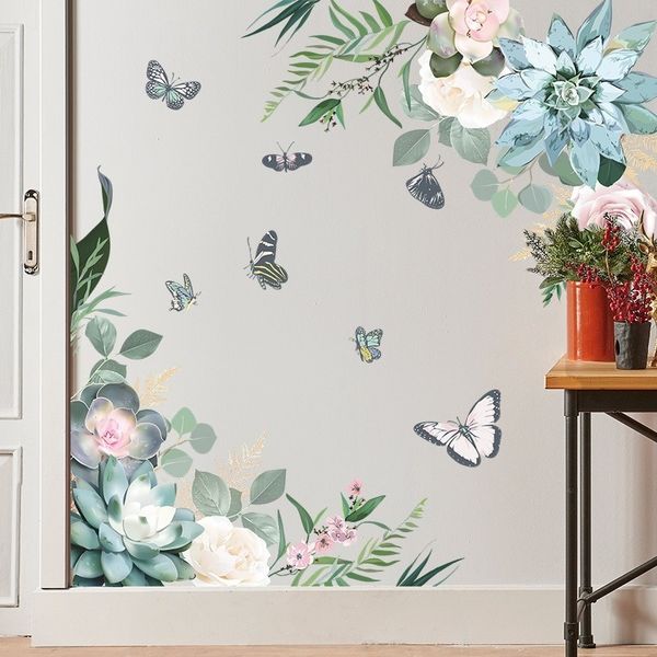 Sticker mural vert décor à la maison salon stickers muraux fleurs feuille tropicale mur Art papillon décor feuilles tropicales papier peint