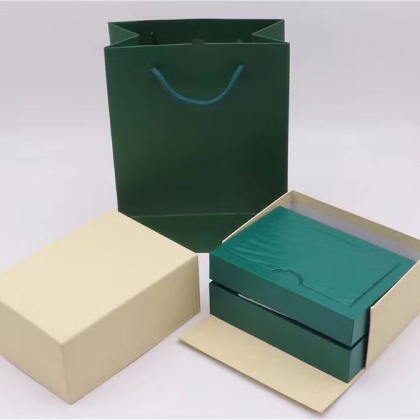 Caja de reloj verde Cajas de reloj de lujo Caja de reloj interior y exterior original para reloj Rolex Cajas verdes Folleto Tarjeta Accesorios Certificado Bolso