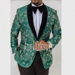 Groen Met Goud Patroon Bruidegom Tuxedos Zwart Fluwelen Kraag Heren Jas Broek 2 Set Man Werk Pak Prom Dress W:1238