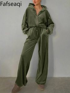 Survêtement en velours vert pour femmes, costume de Sport, pantalon large, sweat à capuche avec fermetures éclair, ensemble deux pièces pour femmes, pantalon droit pour la maison, 240327