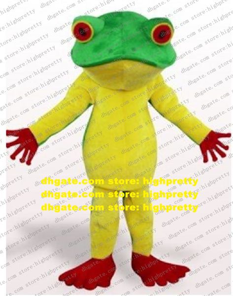 Costume de Mascotte Rana grenouille verte et jaune, avec yeux rouges, griffes, taille adulte, tenue de fête, robe fantaisie n ° 94