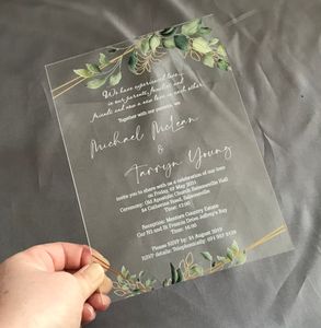 Invitación de boda acrílica de vegetación, invitación clara, iniciales de oro, sobre de bolsillo, diseño gratuito, 10 piezas