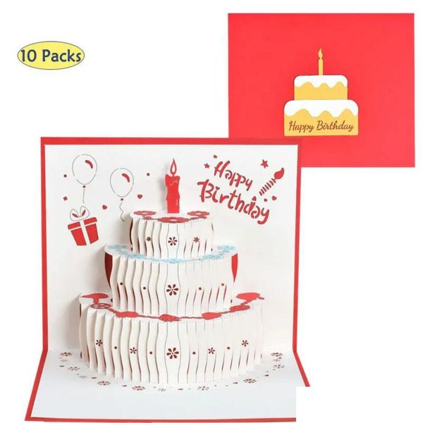 Tarjetas de felicitación 10 Paquete 3D Feliz Cumpleaños Pastel Pop-Up Regalo para niños Mamá con sobre Hecho a mano Fy3414 Entrega de gota Othfe