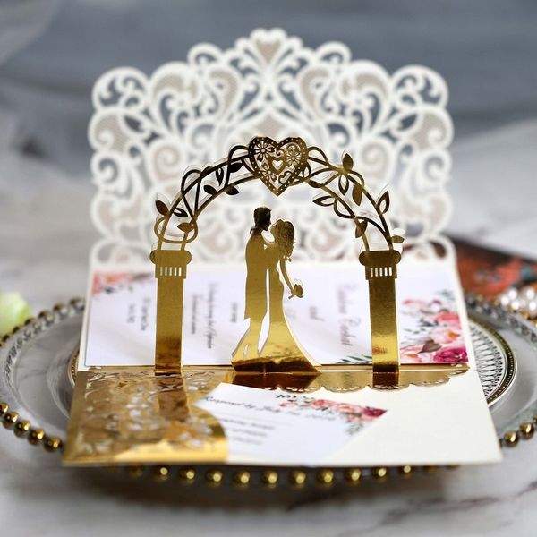 Cartes De Voeux 10pcs 3D Pop Up Cartes D'invitation De Mariage Feuille D'or Papier Découpé Au Laser Invitations De Fête Personnalisé Pliant Taille 12.5x18cm 220919